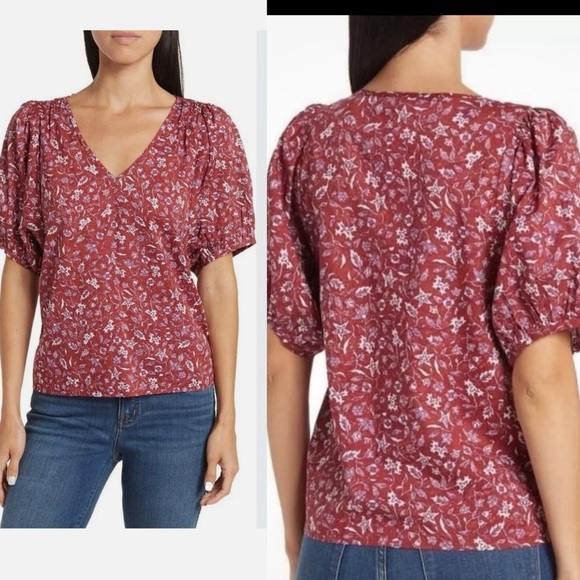 MADEWELL Puff Sleeve V-Neck Cotton Top Rusted Burgundy - Picture 1 of 6